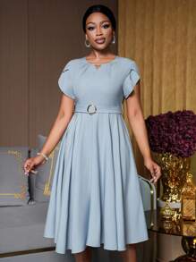 Lunelith SHEIN Lunessa Round Neck Pleated Petal Sleeve Belt Decor A-Line Commute Elegant Ladies Dress