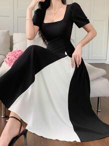 DAZY Women Elegant Commuter Color Block Patchwork Dress - Black and White - View 1