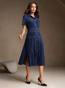 Anewsta 女士时尚休闲百搭收腰褶皱复古牛仔连衣裙