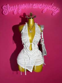 Slaydiva 2025 New Summer Birthday Party, Back-To-School, Student Daily, Casual, Vacation, Cruise, Beach, Sundress Sexy Open Back Tie-Up Women 2-Piece Set With Asymmetrical Hem Skirt/Shorts, Tassel Distressed Fabric Y2k - White - View 2