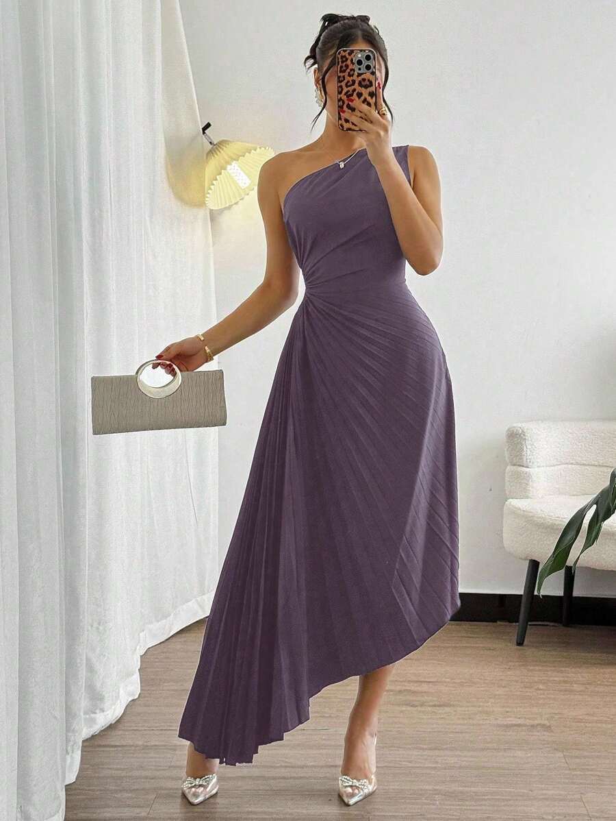 Modelyn 女士时尚优雅不对称荷叶边下摆中长连衣裙 - 紫色 - 查看 1