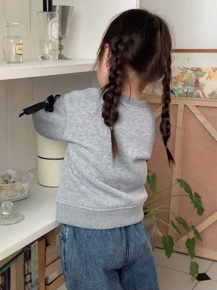 Baby Girl Bow Print Crew Neck Long Sleeve Casual Sweatshirt