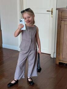 SHEIN 年轻女孩通勤休闲纯色梭织无袖圆领上衣和直筒裤套装，法式 - 卡其色 - 查看 3