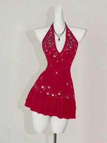 SHEIN ICON Women's Red Checked Summer 70s Night Out Party Hot Iron Shiny Backless Mini Dress,Elegant Spaghetti Strap Vacation Rave Festival Graduation Outfits - Red - View 5