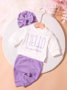SHEIN Newborn HELLO Letter Embroidered Outfit Set, Infant Tops, Bottoms, Hat, Baby Photography Clothes For 1 Month To 100 Days Old, Unisex Fall Winter - Multicolor - View 8