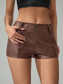 SHEIN Tall Women's Solid Color Zipper Placket Fashion Versatile Shorts - Mocha Brown - View 6
