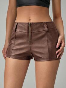 SHEIN Tall Women's Solid Color Zipper Placket Fashion Versatile Shorts - Mocha Brown - View 7