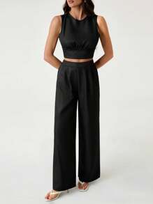 SHEIN Tall Bộ đồ ngủ ngắn xếp ly màu trơn và quần short 2 món trang phục thường ngày cho nữ - màu đen - Xem 5