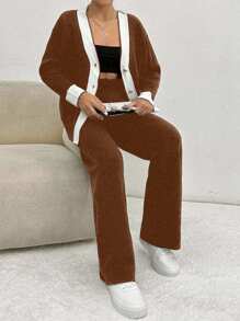 EURMUSE Ladies' Two Pieces Set Of Colorblock Cardigan With Rolled Edge And Drop Shoulder & Pants With Button Fly,Petite,Winter Clothes