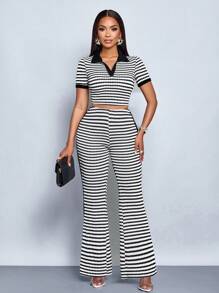 SOLERSUN Women 2pcs Set: Color Block Striped Knit Texture Polo Collar Short Sleeve T-Shirt And Flared Pants (Random Flower)