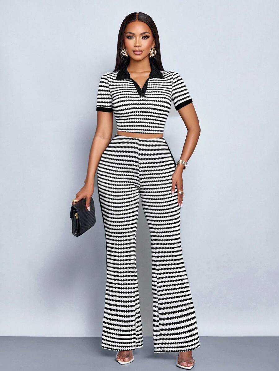 SOLERSUN Women 2pcs Set: Color Block Striped Knit Texture Polo Collar Short Sleeve T-Shirt And Flared Pants (Random Flower)