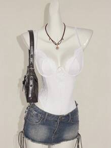 SHEIN ICON Y2K 春季服装狂欢节服装蕾丝拼布紧身吊带背心高腰露背女式连体衣 - 白色 - 查看 7