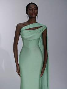 Elitara 优雅浪漫薄荷绿不对称领口垂坠荷叶边装饰紧身迷你鱼尾下摆连衣裙，适合婚礼、派对、约会、伴娘 - 綠色 - 查看 2