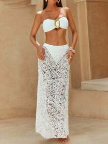 Swim Oasis 3 peças/Conjunto Mulheres Verão Praia Casamento Cropped Branco com Detalhe Dourado, Calcinha de Maiô Bikini Triângulo e Saia Longa, Traje de Banho de Luxo - Branco - Visão 3