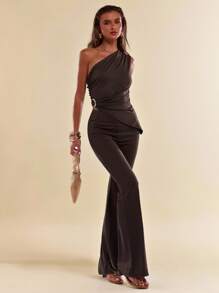 SHEIN BAE Women Solid Color Casual Off Shoulder Top & Pants Set - Coffee Brown - View 1