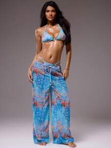 MUSERA Top de bikini de triángulo con escote halter y parte trasera anudada con estampado celestial, solo para vacaciones de verano en Ibiza, elegante, lindo, para playa, festival, rave, hippie, ropa de vacaciones de verano