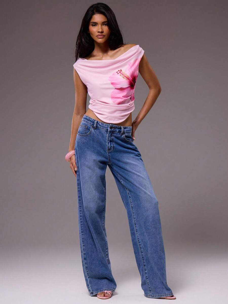 MUSERA Graphic Flower Detail Asymmetric Off The Shoulder Top Summer Fun Holiday Vacation Ibiza Festival Going Out Tops Spring - Pink - View 1