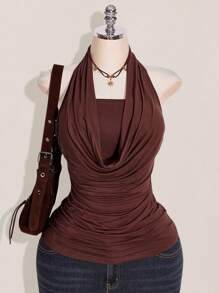 SHEIN ICON 加大码 2 件西方女性外出夏季波西米亚风挂脖棕色露背女式背心和吊带背心