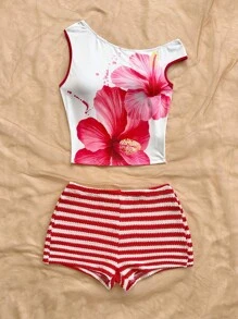 Soleia 2 件套女士度假装：红白条纹针织露肩上衣和超低腰修身短裤，适合派对、圣诞节、情人节、约会、海滩、游轮、狂欢节、复活节 - 紅色 - 查看 4