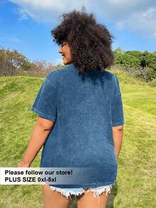 SHEIN EZwear Plus Size Acid Washed Look Vintage Knitted Distressed Loose Fit Knit Butterfly Cartoon Pattern Short Sleeve T-Shirt - Blue - View 2