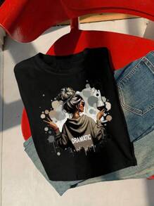 Women's Character Print Short Sleeve Casual Standard Size Crop Top T-Shirt, Summer - Black - View 3