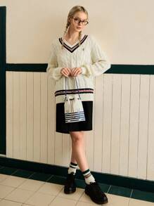 LOONEY TUNES X SHEIN 女士休闲通勤卡通兔子条纹印花索环抽绳单肩包 - 彩色 - 查看 6