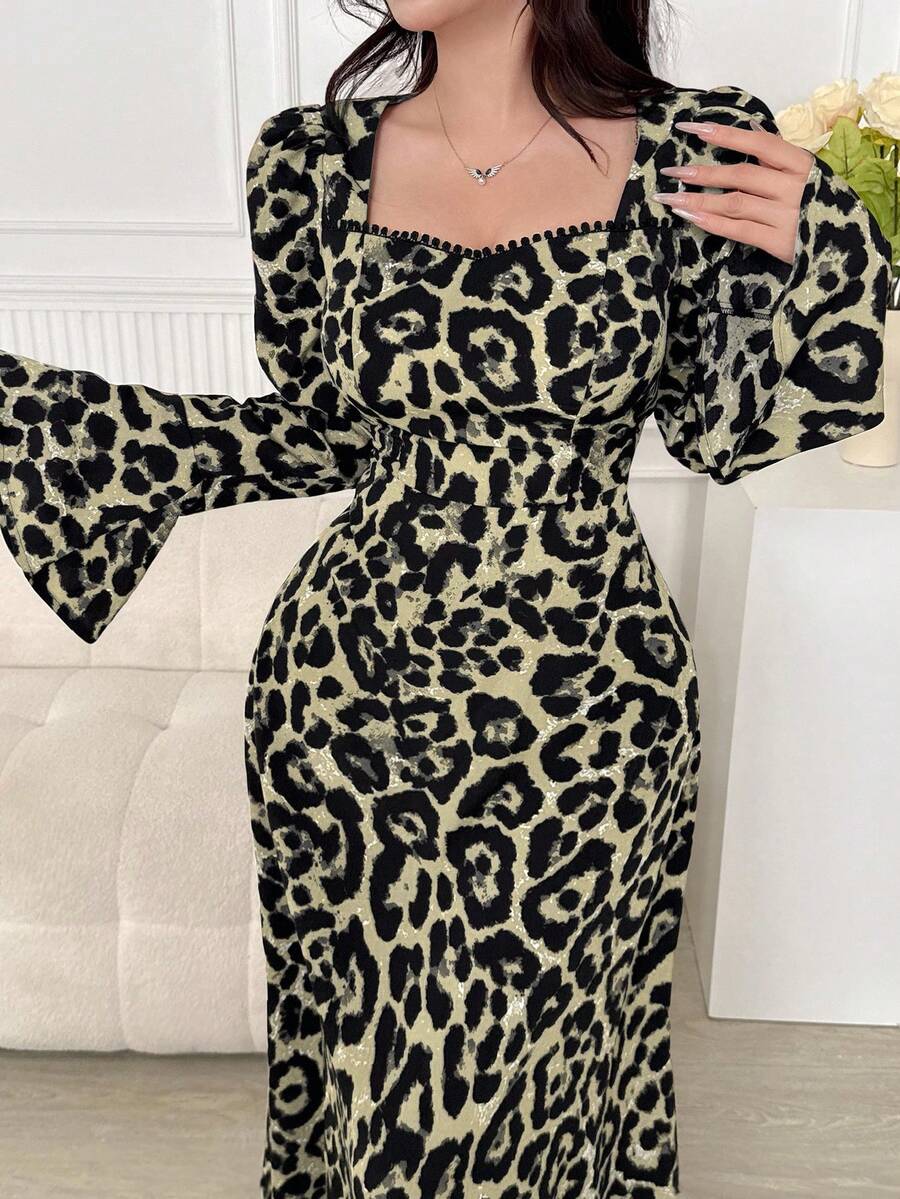 Feyla 女士时尚豹纹喇叭袖连衣裙秋季优雅女士连衣裙长款晚礼服 - 黃色 - 查看 1