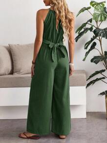 Breezaya 女式夏季休闲褶皱纯色抽绳无袖连体裤 - 綠色 - 查看 2
