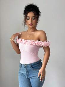 SHEIN Elenzya 女士花卉罗纹短袖紧身吊带背心，优雅浪漫，适合节日、毕业典礼、独立日 - 粉色 - 查看 3
