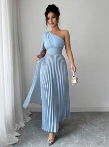Elenzga Elegant Ladies' Asymmetrical Pleated Collar Dress - Blue - View 5