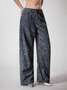 N_Standard Grey-Black Leopard Denim Effect Loose Wide Leg Casual Pants For Women Suitable For Summer Fall Winter Rave Festival Leopard Print Pants Women Wide Leg Pants Women Pants Animal Print Pants Summer Pants High Waisted Pants Printed Pants Y2K 2000s Back To School Club Women Sexy