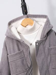 男童灰色连帽外套，保暖内衬，胸前口袋，弹性袖口，秋冬季休闲时尚单品 - 灰色 - 查看 5