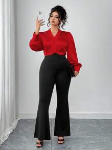 Elenzga 2pcs Set Plus Size Women Satin Long Sleeve Top And Bell-Bottom Flare Pants Fall Cloth For Women - Multicolor - View 4