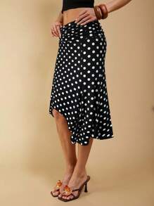COSMINA 女士波尔卡圆点印花不对称下摆时尚半身裙（四季款）、Y2K 女装、波西米亚风女装、女士演唱会服装 - 杏色 - 查看 5
