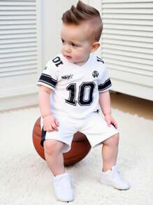 SHEIN Playful Pals 2 Packs Baby Boy Infant Baby 0-3 Years Old Spring Summer Casual Sports Football Basketball Soccer Jersey Style V-Neck Mesh Fabric Top & Shorts 2 Pieces Outfit, Unisex Sports Set - Multicolor - View 10