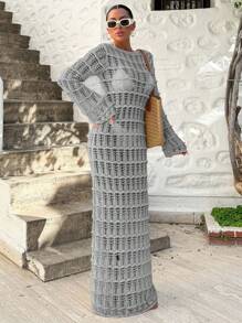 EURMUSE Váy Maxi Jacquard tay chuông màu trơn dành cho nữ - Xám - Xem 3