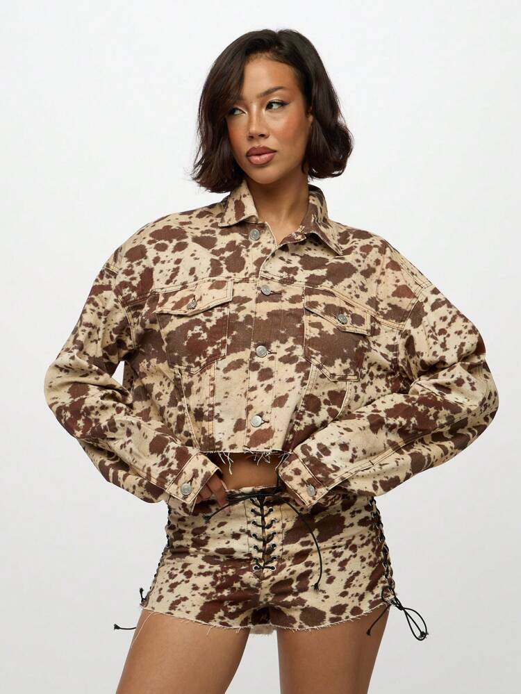 SUMWON WOMEN Cropped Trucker Jacket With Cow Print And Raw Edges
