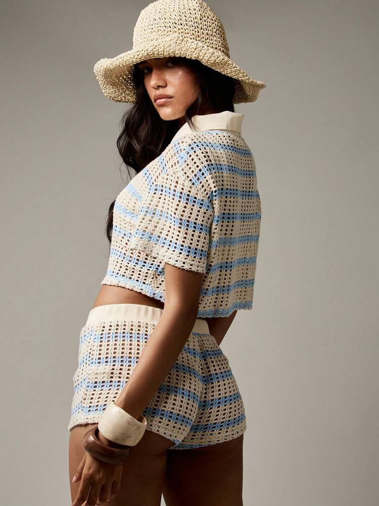 MISSGUIDED Crochet Stripe Polo Collar Top With Matching Shorts