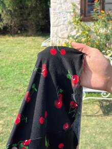Solflare Plus Size Sleeveless Cherry Print A-Line Dress With Chest Ruching, Elastic Waist, For Spring/Summer,Beach Dress Sundress,Holiday Outfits Boho