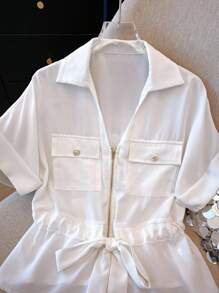 Franclia Áo sơ mi nữ cổ chữ V màu trơn có dây rút khóa kéo, mùa hè - trắng - Xem 4
