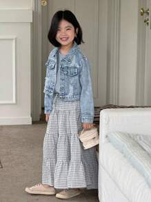 Girls Casual Distressed Denim Bomber Jacket, Soft Washed Lightweight Chic Streetwear For Summer - Medium Wash - View 7