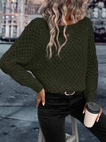 EMERY ROSE Suéter de punto con mangas de murciélago de unicolor minimalista para mujer, otoño e invierno - Verde - Ver 4