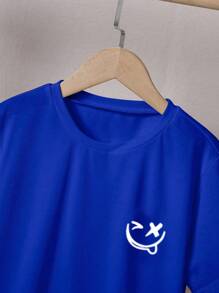 SHEIN Boys' New Smiling Face Print Crew Neck Short Sleeve Blue 2-Piece Set, Casual Daily Versatile, Spring/Summer - Blue - View 5