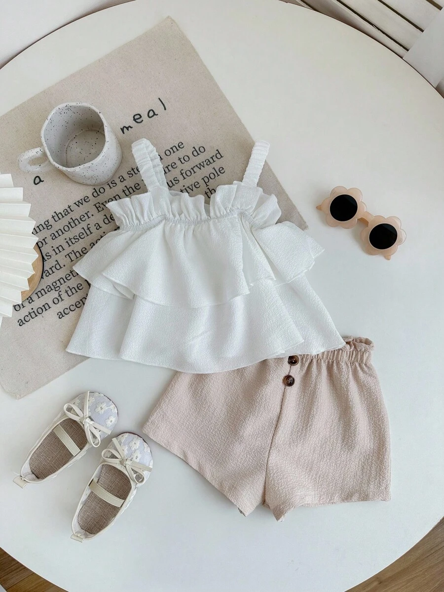 SHEIN LMoss Kids Babygirl 可爱夏日度假荷叶边吊带背心和短裤套装 - 彩色 - 查看 1