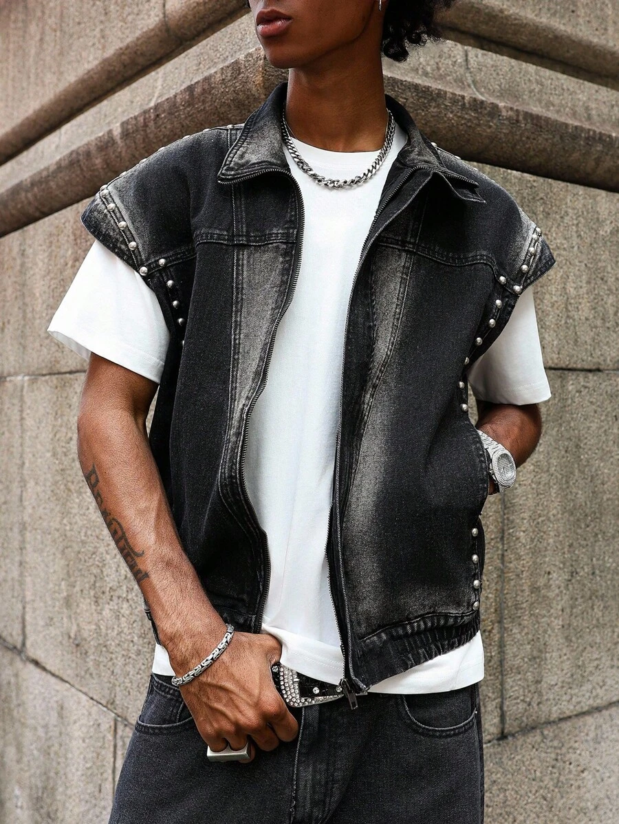 PAVTROS Manfinity Streetrush Men's Black Loose Fit Street Style Denim Vest Jacket - Black - View 1