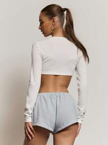 MUSERA Button Front Scooped Long Sleeve Crop Top Cute Holiday Vacation Casual Sexy Elegant Classy Girly Airport Basics Collective Office Attire For Women, Office Wear Women Back To School Fall Autumn Elegant