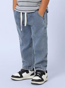 SUMWON 男童宽松牛仔裤，波浪纹拼接，松紧腰带抽绳设计，四季皆宜，日常穿着时尚百搭，适合秋冬季节度假穿着 - 藍色 - 查看 1