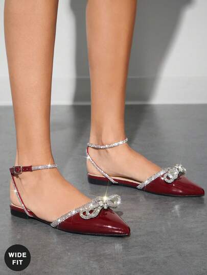 SHUZIA 宽版女式舒适尖头踝带水钻蝴蝶结平底鞋