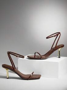 SHUZIA 热销女士优雅巧克力色PU踝扣带方头中跟派对春夏高跟舞蹈凉鞋 - 巧克力棕 - 查看 4