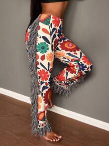 Slaydiva 2025秋冬新品/女装秋装/万圣节/女装秋冬新款春夏街头流苏标语童趣图案全身印花黑底玫红色针织女打底裤 - 紅色 - 查看 4